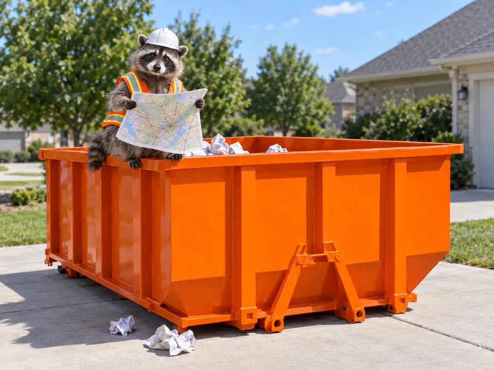 A raccoon in a hard hat and safety vest sits on an orange roll off dumpster, studying a road map with a guilty look