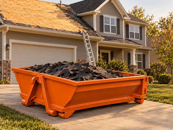 Orange roll off dumpster below the eave of a Kansas City house during a roof replacement, filled with torn off asphalt shingles and felt