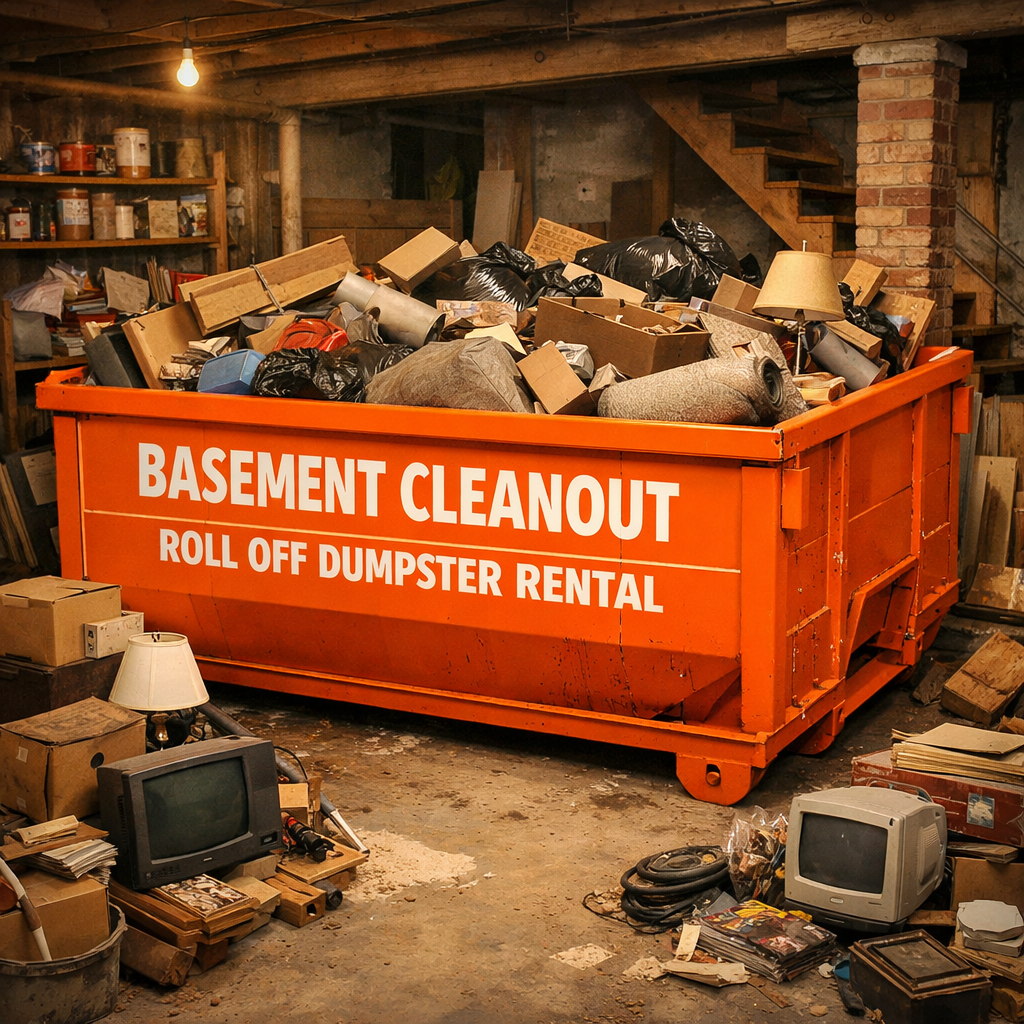 Basement cleanout dumpster rental Kansas City roll off container for basement debris