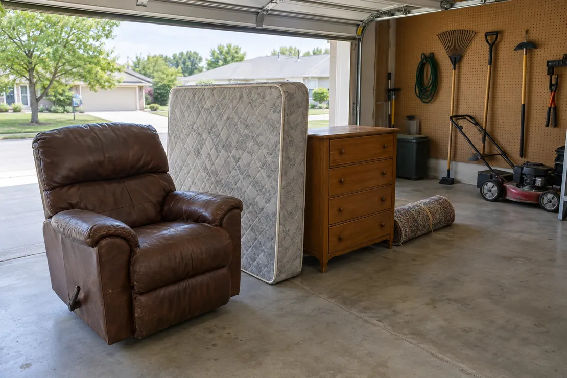 Kansas City garage with an old leather recliner, a mattress, a wooden dresser and a rolled rug lined up by the door, ready to go to the curb