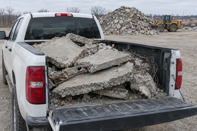 Pickup truck bed full of broken patio slabs with rusty rebar and wire mesh, backed up to a crushed concrete pile and a wheel loader at a recycling yard