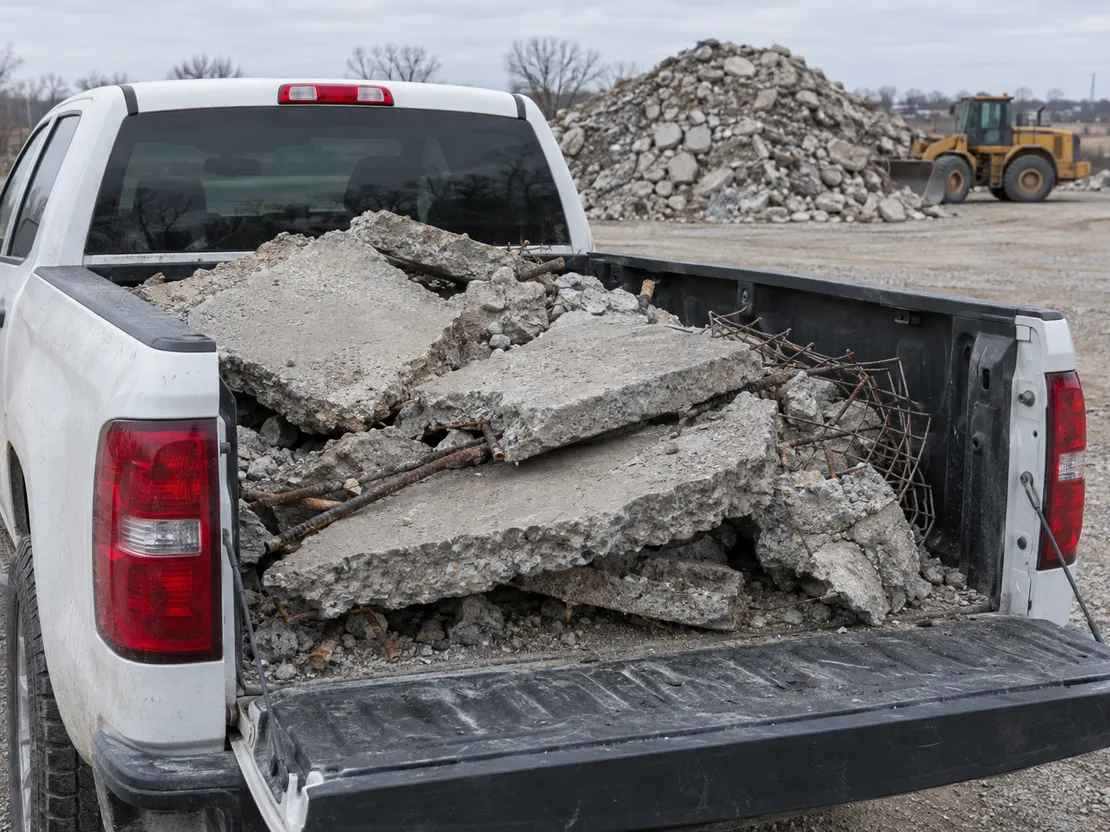 Pickup truck bed full of broken patio slabs with rusty rebar and wire mesh, backed up to a crushed concrete pile and a wheel loader at a recycling yard