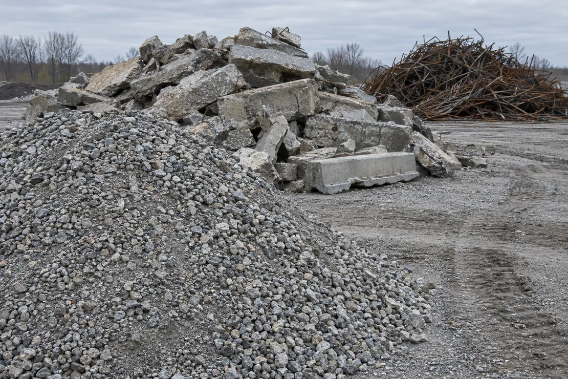 Crushed recycled concrete base rock in the foreground, a pile of broken slabs and curb waiting to be crushed, and a tangle of rusty rebar pulled out by a magnet