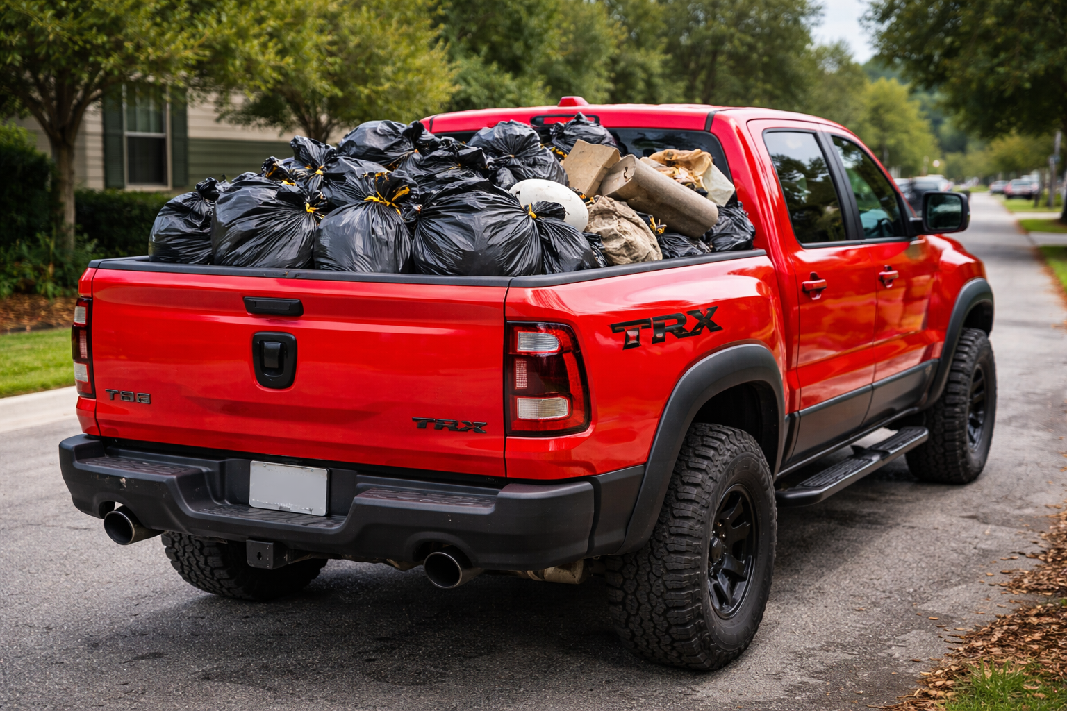 Pickup truck filled with trash showing typical junk hauling capacity