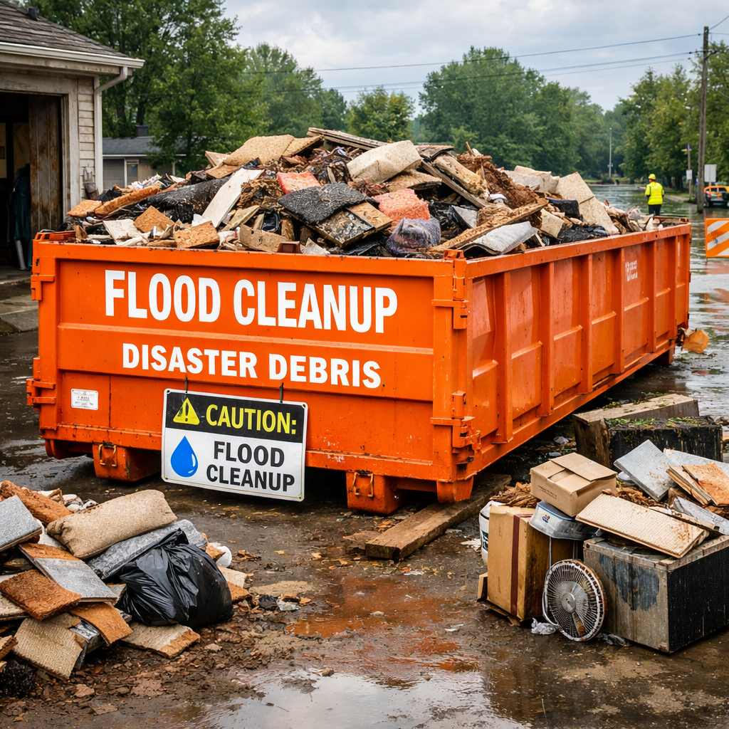 Flood cleanup dumpster rental Kansas City roll off container for water damage debris